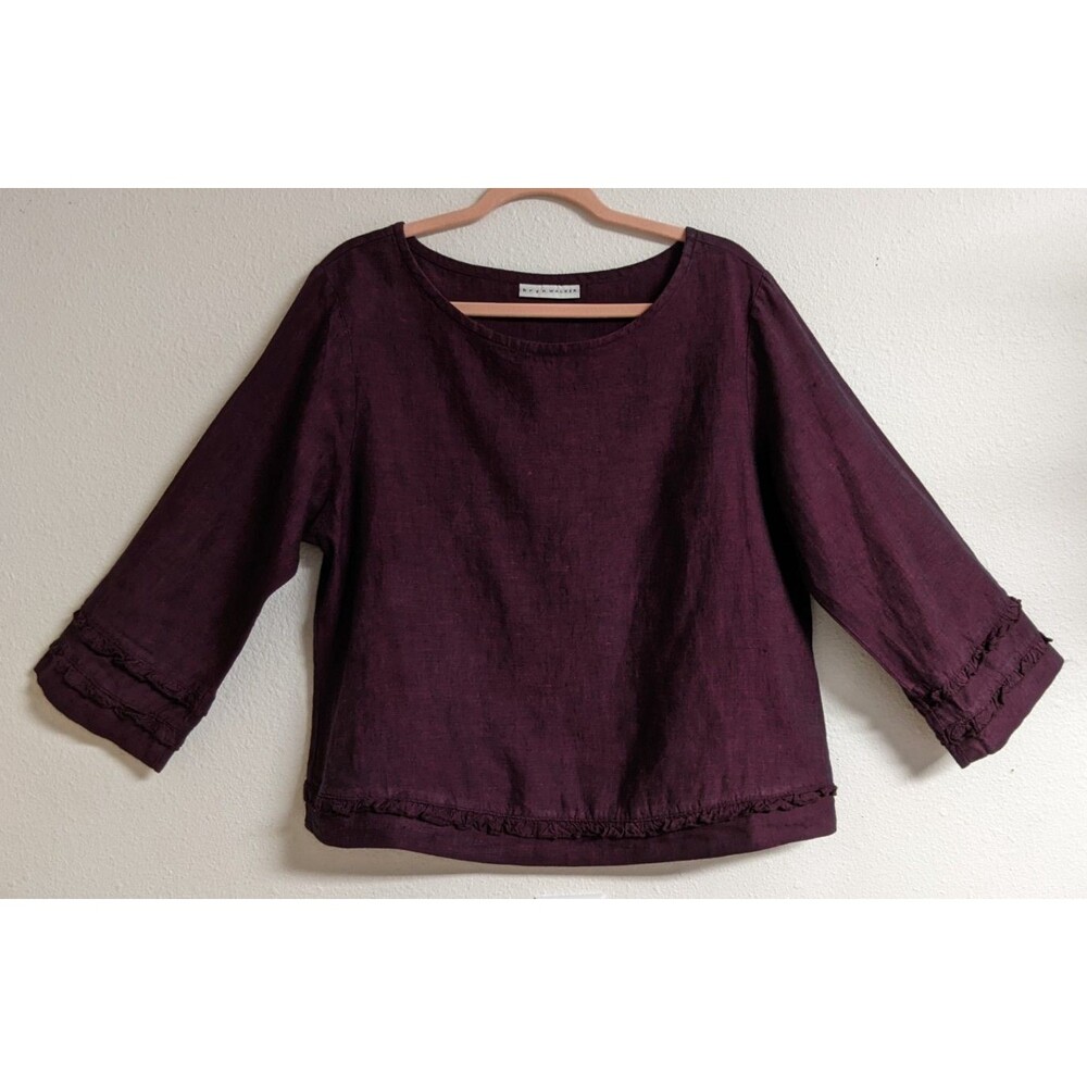 BRYN WALKER 100% Linen Burgundy Ruffle Trim Bateau Neck Flowy Top Large